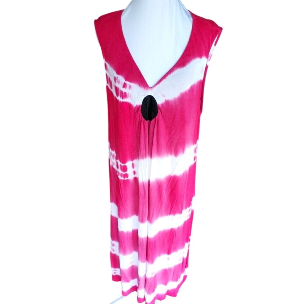 Pink White Tie Dye O-Ring V-Neck Cotton Maxi Dress Plus Size XXXL
